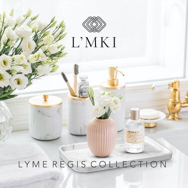 Набір аксесуарів для ванної кімнати: дозатор мила та тримач для зубних щіток, мармур, золото, стиль фермерський дім, 5 предметів