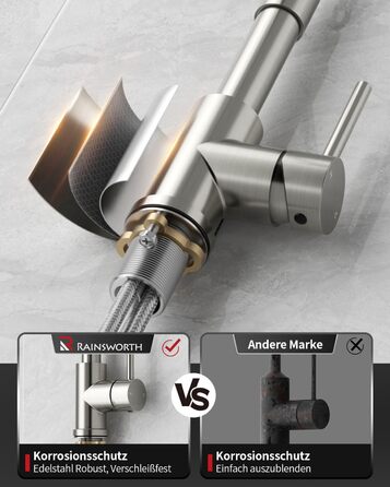 Кухонний змішувач Rainsworth з нержавіючої сталі з двома режимами струменя та висувною лійкою, 360° обертання, висота 45 см