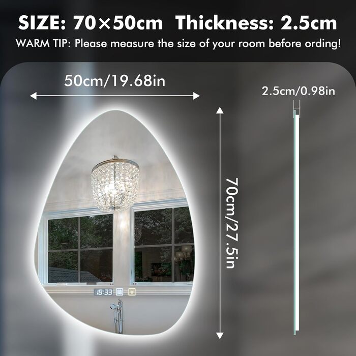 Круглий дзеркало для ванної кімнати з LED-підсвічуванням, 60 см, функція запобігання запотіванню, сенсорне управління & Bluetooth, регулювання яскравості, 3000K/4000K/6500K, HD-загартоване скло, дзеркало для ванної кімнати зі світлом (500*700 мм - крапель