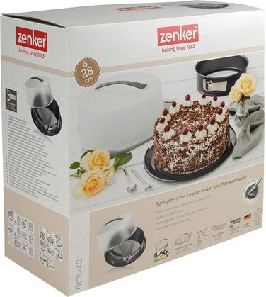 Zenker Springform with Transport Lid Ø 28 cm DELUXE, baking pan with enameled flat base and carrying lid, round cake pan for juicy cake to go (Color: Metallic Black), Quantity: 1 piece