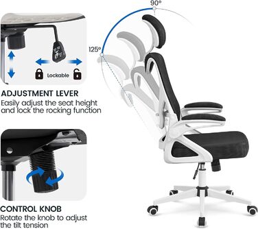 Ергономічне крісло Yaheetech для офісу, крісло до комп'ютерного столу з підйомними підлокітниками, обертове крісло зі спинкою та регульованою підголівником, крісло для начальника з функцією гойдання, до 136 кг, білий/чорний
