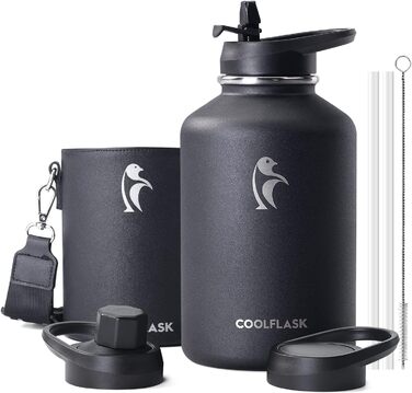Coolflask 2L Stainless Steel Water Bottle with PU Leather Sleeve, Half Gallon Insulated Water Bottles with Straw Lid, Stainless Steel Metal Large Water Jug, Keeps Cold for 48h Hot for 24h, Polar Black