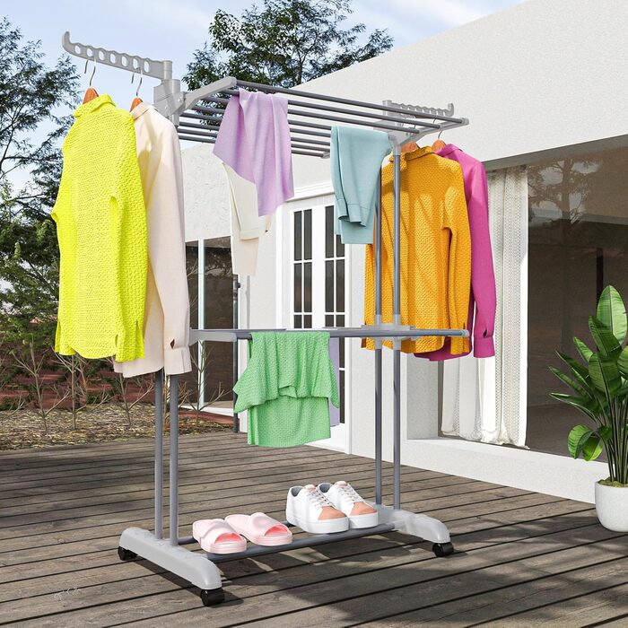 Foldable Stainless Steel Clothes Rack with Wheels, Portable, for Indoor and Outdoor Use, White/Gray (Light Gray)