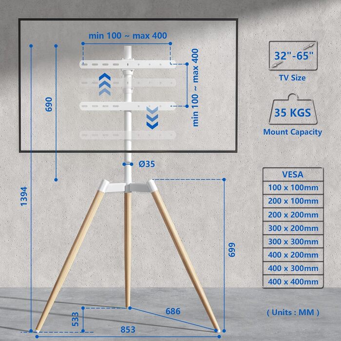 Adjustable TV Stand Tripod - Fits 32-65 inch TVs, VESA 400x400mm, 35kg Weight Capacity, Beige