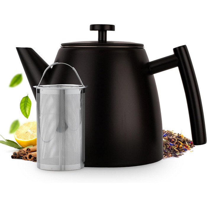 Teapot | Stainless Steel 1L | Teapot with Infuser | Stainless Steel Teapot | Stove for Teapot | Teapot with Stove | Tea Maker | Double-Walled (Black)