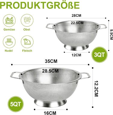Ситечко кухонне YC Kitchen з нержавіючої сталі, 2 шт. (22.5 см та 28.5 см), для приготування пасти та інших продуктів