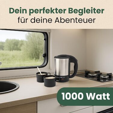 Електричний чайник Clatronic WKS 3692: 1,5 л, нержавіюча сталь, без BPA, для дому та подорожей (з чашкою)