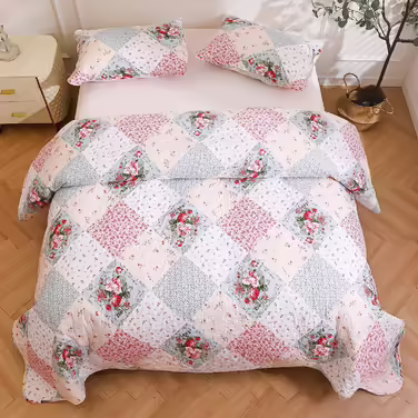 DECMAY Daybed Cover 220x240 cm, Bedding Floral Patchwork Blanket Bedspread, 3 Piece Bedspread Microfiber Daybed Cover with 2 Pillowcases 50x70 cm, for Daybed Sofa 220x240cm Pink
