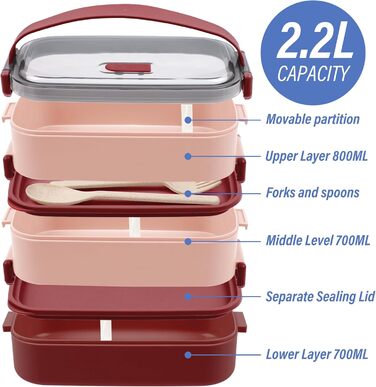 Ланчбокс Brotdose на 3 секції, 2200 мл, з посудом, без BPA, для дорослих, мікрохвильова піч, бежевий