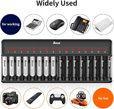Зарядний пристрій BONAI для акумуляторів AA AAA з LED-індикатором, 16 слотів, універсальний, чорний