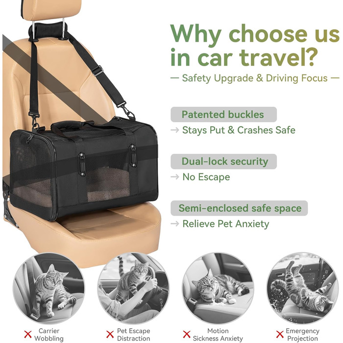 Транспортна переноска для кота та маленького собаки Petsfit, чорна, середнього розміру, з м'яким килимком та патентованими застібками