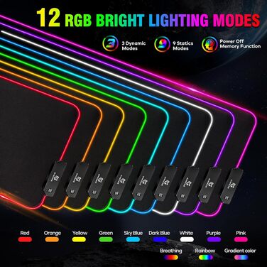 Килимок для миші гімнастичний Gimars RGB, XXL 800x300x5 мм, вологостійкий, з підсвічуванням 12 LED, чорний
