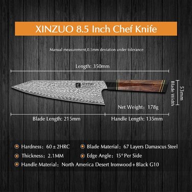Японський ніж для кухні XINZUO Damaststahl 21.5 см, Kiritsuke, професійний, ручної роботи, з нержавіючої сталі Дамаск, дерев'яний потиск, магнітний чохол, подарункова коробка з акації
