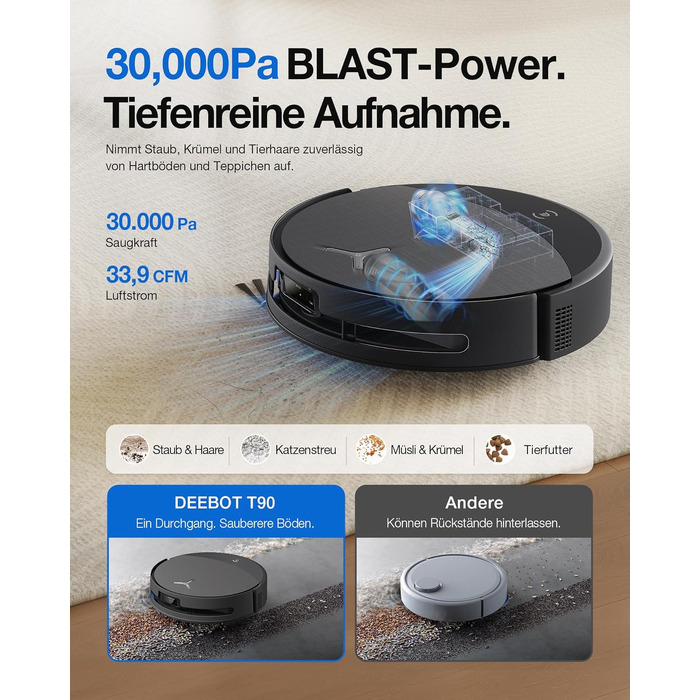 Робот-пилосос з функцією вологого прибирання ECOVACS T90 PRO Omni, 30 000 Па, PowerBoost, чорний