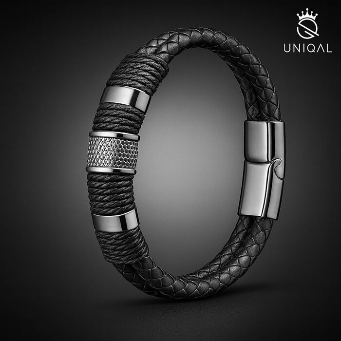 Чоловічий шкіряний браслет UNIQAL 'Premium Style' з нержавіючої сталі, сріблястого кольору, 23 см | Безкоштовна подарункова коробка