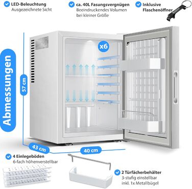Міні-холодильник KESSER® 40L з дверцятами з прозорим склом - ідеальний для дому, офісу, кемпінгу. Безшумний, з підсвіткою та відкривачем для пляшок.