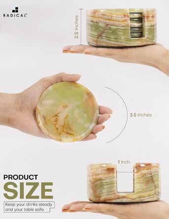 Radical Undercoasters for Drinks, Marble, 8.9 cm, Handmade, for Cups and Glasses, Coaster Set for Kitchen, Car, Office, White, 6-Piece Set (Green Onyx)