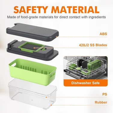 Ibergrif M521 - Набір для нарізки овочів 6-в-1, подрібнювач, кубики, слайси, 1200 мл, без BPA, для миття в посудомийній машині, чорно-зелений