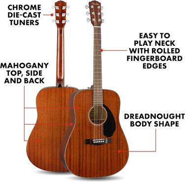Акустична гітара Fender CD-60S Dreadnought з палісандровою накладкою, махагоні, натуральний колір, повний розмір, 970110022. Безкоштовні онлайн-уроки в комплекті