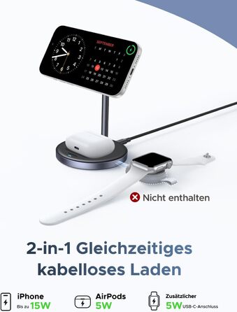Бездротовий зарядний пристрій UGREEN Zapix Qi2 Magnetic 2-в-1, 15W, сумісний з MagSafe для iPhone 15/14/13/12 та AirPods, регульований на 90°