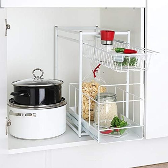 International Household Telescope Drawer - Kitchen Cabinet Drawer for Kitchen Cabinets from 30 cm Width, Storage Basket Drawer Installation, Telescope Basket for Kitchen Cabinet, made of Metal (white)