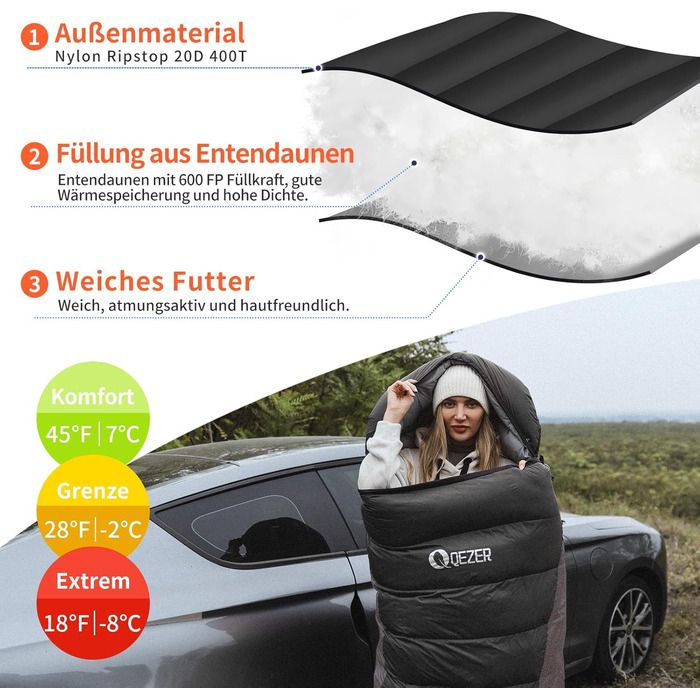 Спальний мішок пуховий, зимовий, 600FP+, 12°C/-24°C, легкий та теплий, для 3-4 сезонів, кемпінг, трекінг, чорний