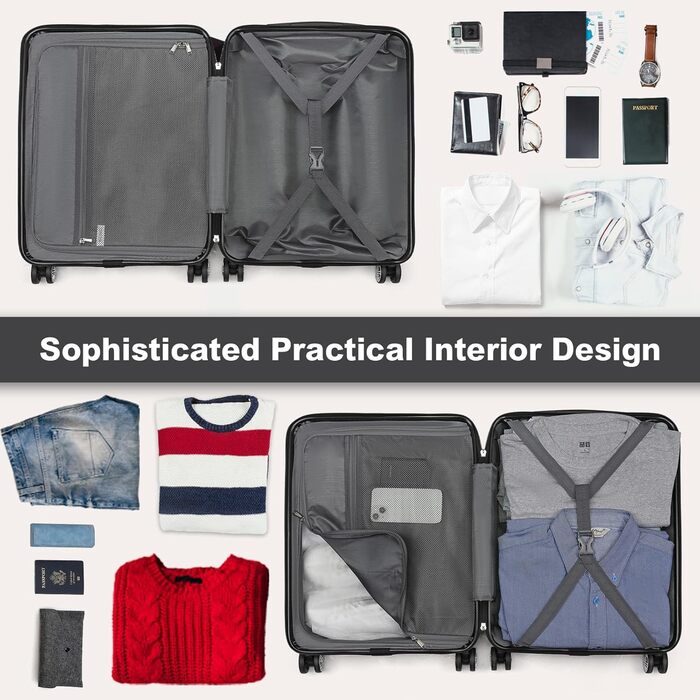 Набір валіз KONO 3 шт. з жорстким корпусом: 55 см, 65 см, 75 см. Розширювані, легкі, з TSA-замком та 4 колесами. Підходить для ручної поклажі.