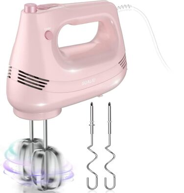 Електричний ручний міксер з нержавіючої сталі, вінчики та гаки для тіста, 5 швидкостей, Turbo Boost, для випічки, тортів, яєць та збивання (РОЖЕВИЙ)
