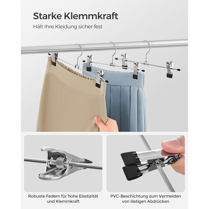 Набір вішалок для штанів SONGMICS (10 шт.), металеві, 31 см, з кліпсами, для штанів, спідниць, шкарпеток, міцні, срільно-чорного кольору