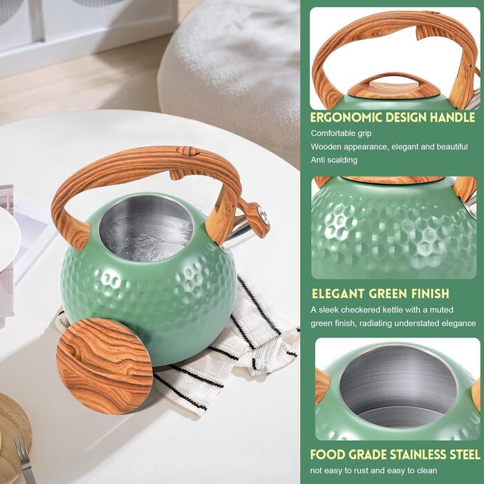 Чайник для плити GGC об'ємом 3,1 л / 3 л з свистком, для води, кави або молока, колірний градієнт сірий/чорний, з дерев'яною ручкою, нержавіюча сталь, для дому