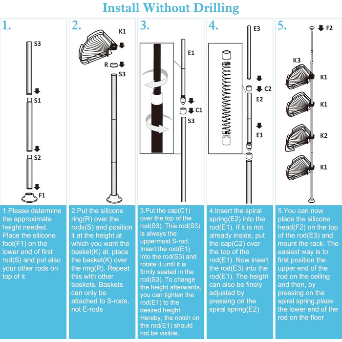 DUFU Кутовий полиця для душу з 4 кошиками, металева, регульована висота 73-265см, без свердління, антиковзаюча, сіра
