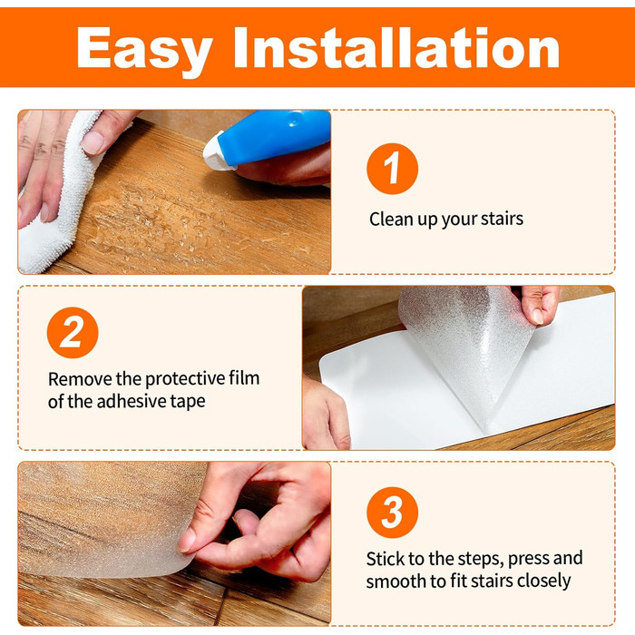 Transparent Stair Treads - 15 Piece Set - 10 x 81cm Anti-Slip Carpet for Stairs - Self-Adhesive Non-Slip Stair Mats for Wood Steps