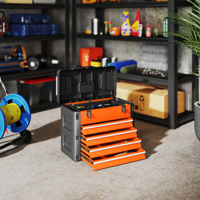 HOMCOM Empty Tool Box, 49.7 x 25.3 x 40.7 cm Tool Chest with 4 Drawers, Mini-Box, Top Storage Compartment, Handle, Steel Tool Case, Orange | Aosom
