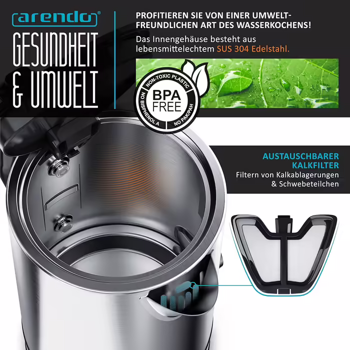 Arendo - Stainless Steel Kettle with Temperature Setting 40-100 Degrees - LED Display - Model DIVINE - 1.7 Liter - 2200 W - Tea Kettle with Temperature Indicator - GS