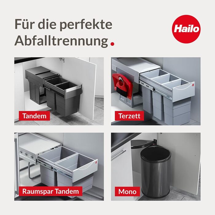 Вбудований сортер для сміття Hailo Terzett 3666131 - 3 секції, 10 л, повний висув, для шафок з дверцятами, сірий