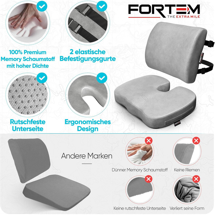 FORTEM XL Подушка для сидіння та попереку для офісного крісла, м'яке сидіння, подушка для спини з Memory Foam, підтримка попереку для авто, антиковзаюча подушка для сидіння та спини для геймінгу, автокрісла, стільця. Extra Large (Сірий велюр, Extra Groß)