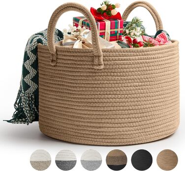 Rieeyrslza Laundry Basket for Blankets 32L Woven Laundry Collector Cotton Rope Basket Foldable Versatile Storage Basket with Handles Suitable for Living Room and Bedroom (Jute)