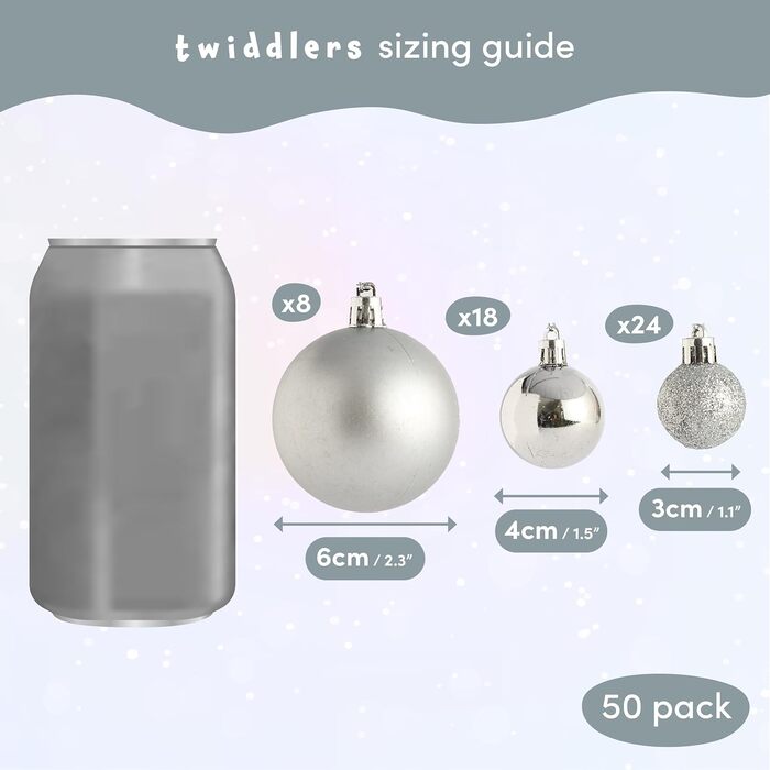 50 кульок для ялинки Twiddlers срібного кольору - різні розміри та покриття (6см, 4см, 3см) - матові, блискучі, з глітером. Декор для ялинки, 50 шт.