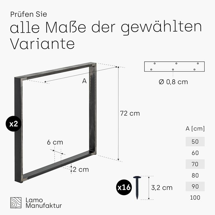Сталеві ніжки для столу LAMO Manufaktur 60x20 мм, 90x72 см, комплект 2 шт., прозорий лак, для письмового та обіднього столу