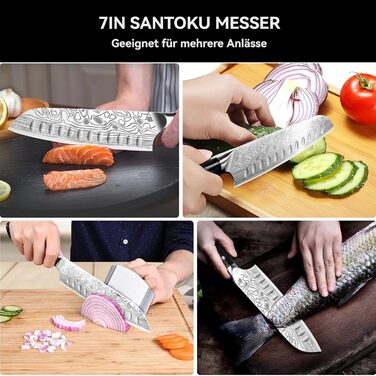Ніж Santoku Cutiore 7 дюймів: професійний кухонний ніж з нержавіючої сталі EN.4116, з захистом пальців та точилкою в подарунковій коробці