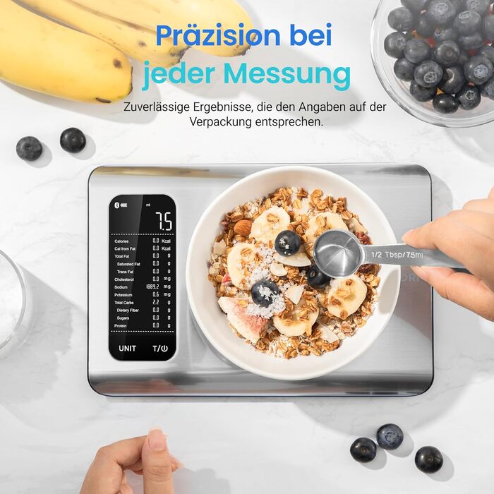 Cosori Digital Kitchen Scale with Nutrition Tracking - 5kg Stainless Steel Food Scale for Weight Loss - Tracks 19 Nutrients & Calories