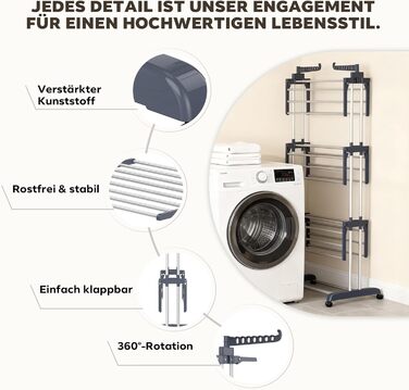 Сушарка для білизни Tower на коліщатках: 4-ярусна, з нержавіючої сталі, з 6 відкидними крилами та 2 боковими сторонами для обертання | 76x50x172 см | Компактна, складна, для балкону, ванної кімнати та саду | (Сірий)