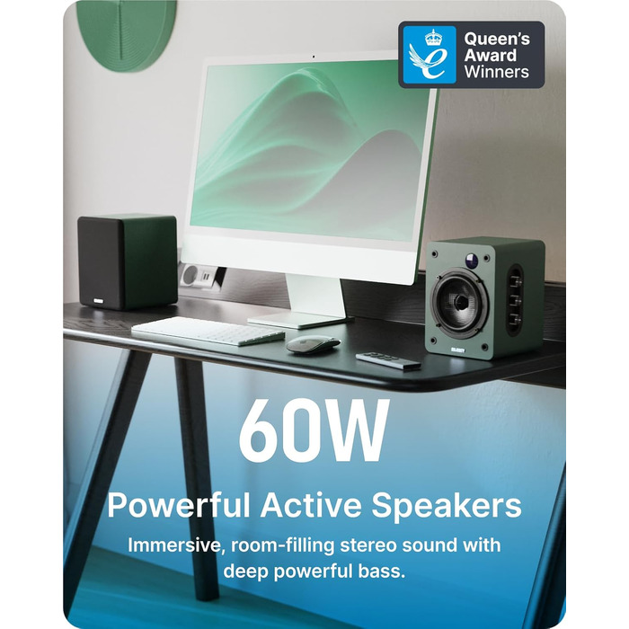Активні колонки Majority D50X | 60W, Bluetooth 5.3, HDMI ARC, AUX | Hi-Fi стерео система для ПК та дому | Студійний монітор з вуфером з вуглецевого волокна (Зелений)