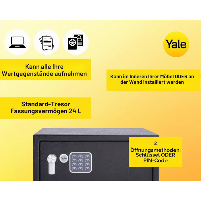Електронний готельний сейф Yale YLG/200/DB2 на 24 л з LCD-дисплеєм, кодовим замком та можливістю кріплення до стіни або підлоги, чорний (для ноутбуків)