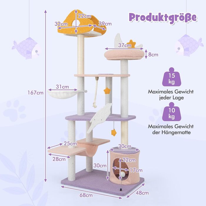 Дерев'яний кігтеточка для котів Costway з будиночком, гамаком та мотузкою, активний комплекс для котів, фіолетово-рожевий (48x68x167см)