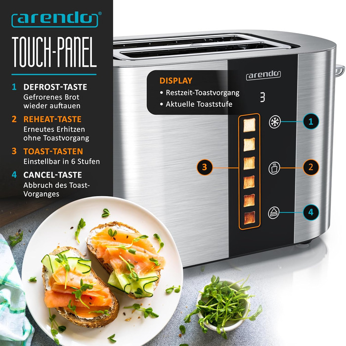 Тостер Arendo з нержавіючої сталі, 2 відділення, сенсорний дисплей, 800 Вт, підставка для булочок, 6 рівнів підсмажування, центрування хліба, таймер, пам'ять (C: Steelsilver)