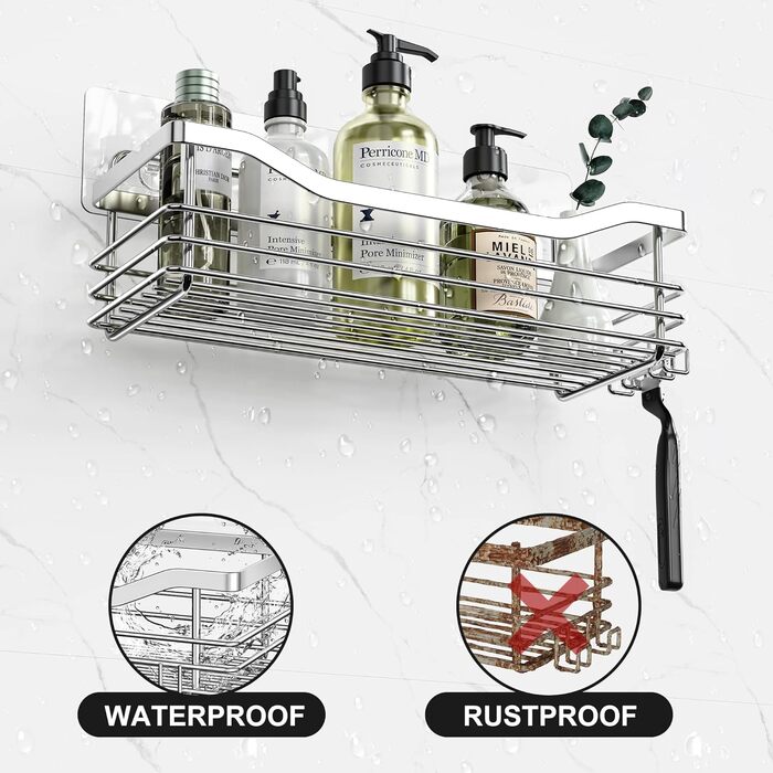 Поличка для душу Orimade без свердління з мильницею та 5 гачками - 3 шт. (срібло)