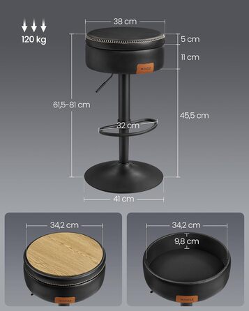 Барний стілець VASAGLE EKHO - обертається на 360°, регулюється по висоті, з місцем для зберігання, штучна шкіра, стиль Mid-Century Modern, для кухні та дому, чорний