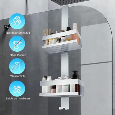 Uuliyer Shower Shelf for Hanging, Stainless Steel SUS304 Shower Rack No Drilling Required for Frameless Glass Door, Shampoo Shower Gel Holder for Shower (Style A (Silver))