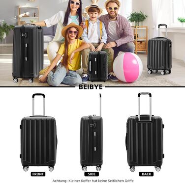 BEIBYE TSA Lock 2080 Twin Rollers 3-Piece Travel Suitcase Set Luggage Set Trolley Trolleys Hard Shell (Black)